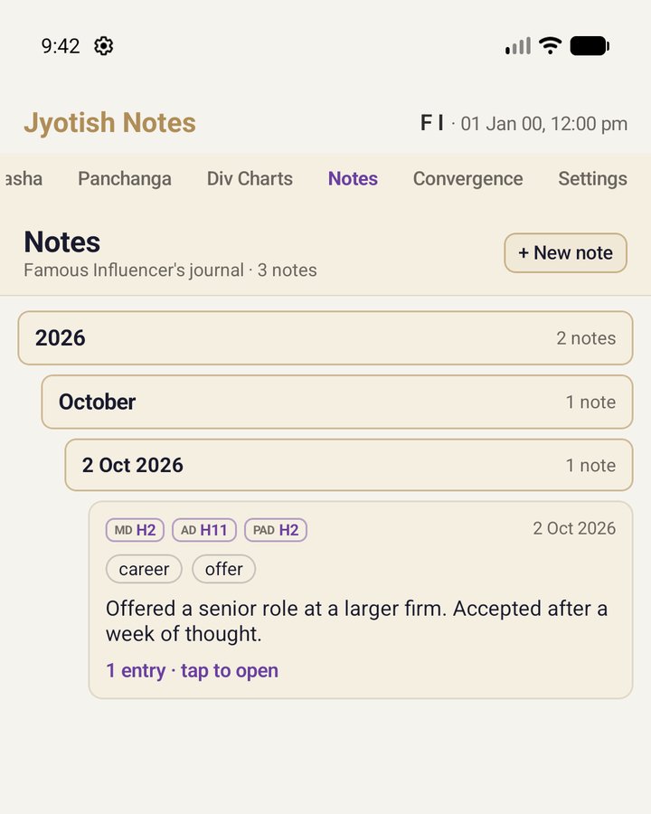 2 Oct 2026 opened: a note with its daśā houses, tags and text