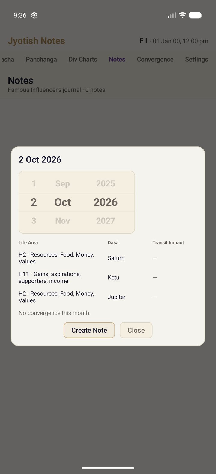 The date inspector with day, month and year drums and the Life Area, Daśā and Transit Impact table