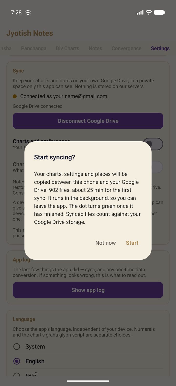 Start syncing? dialog with file count and time