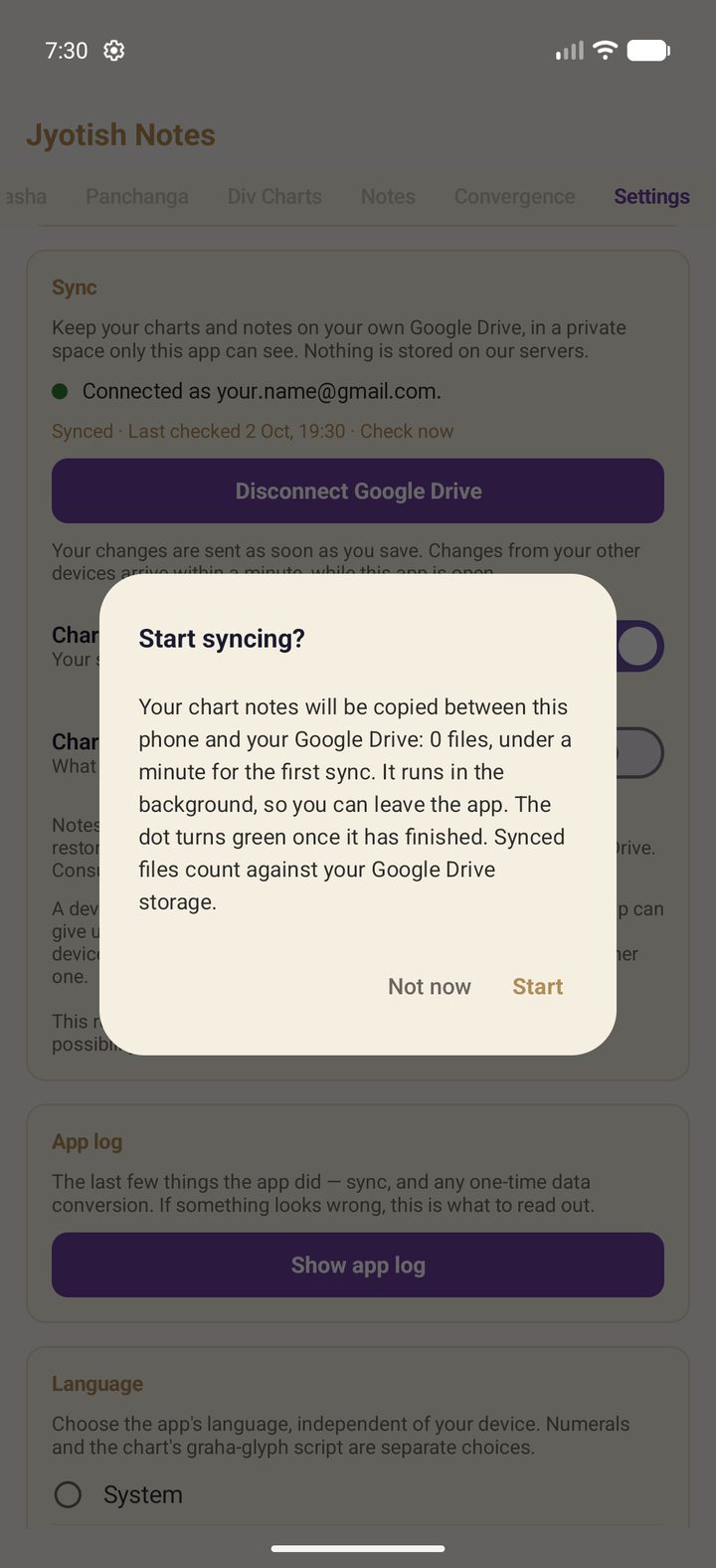 Start syncing? dialog for chart notes