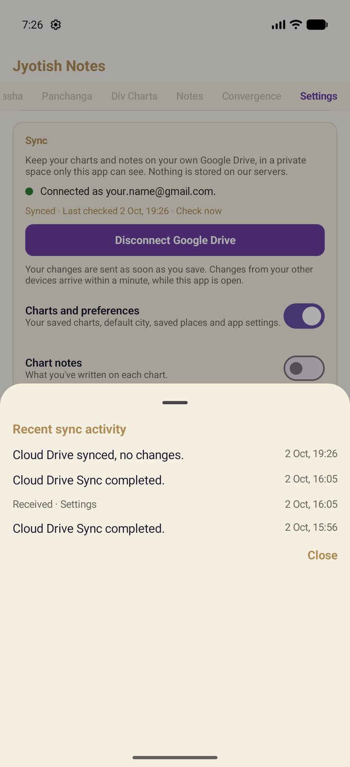 Recent sync activity