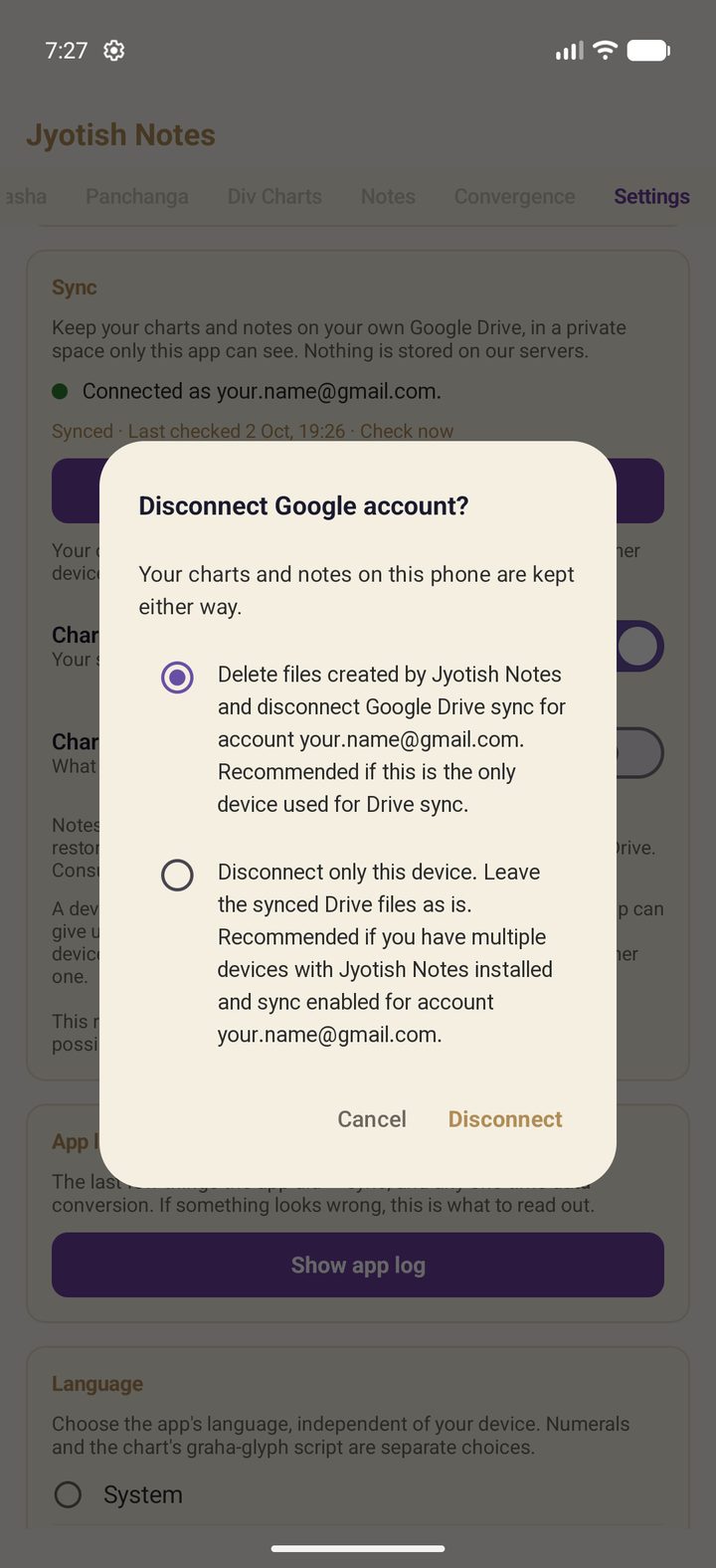 The Disconnect Google account dialog