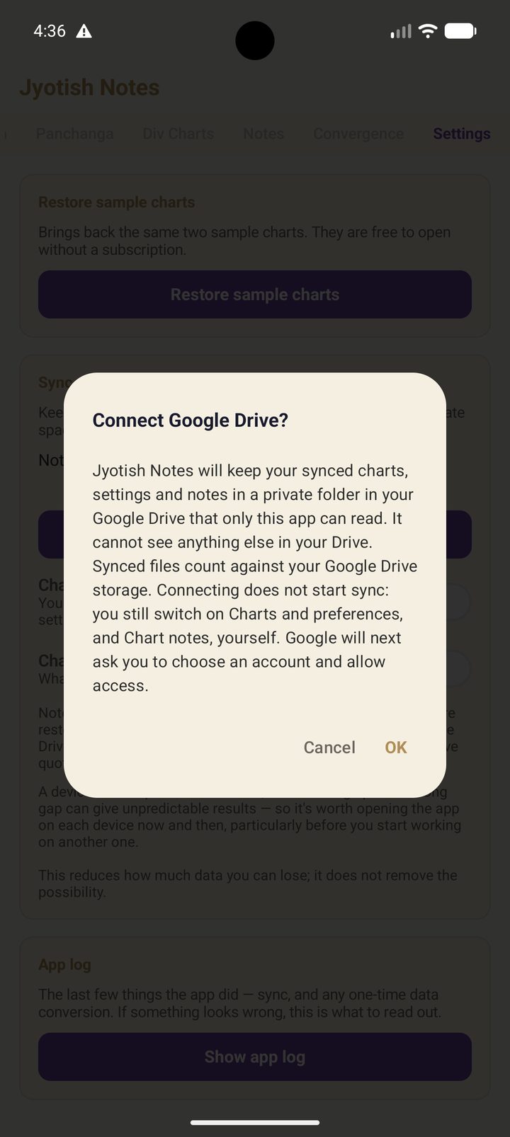 Connect Google Drive? The app explains the connection before Google asks anything