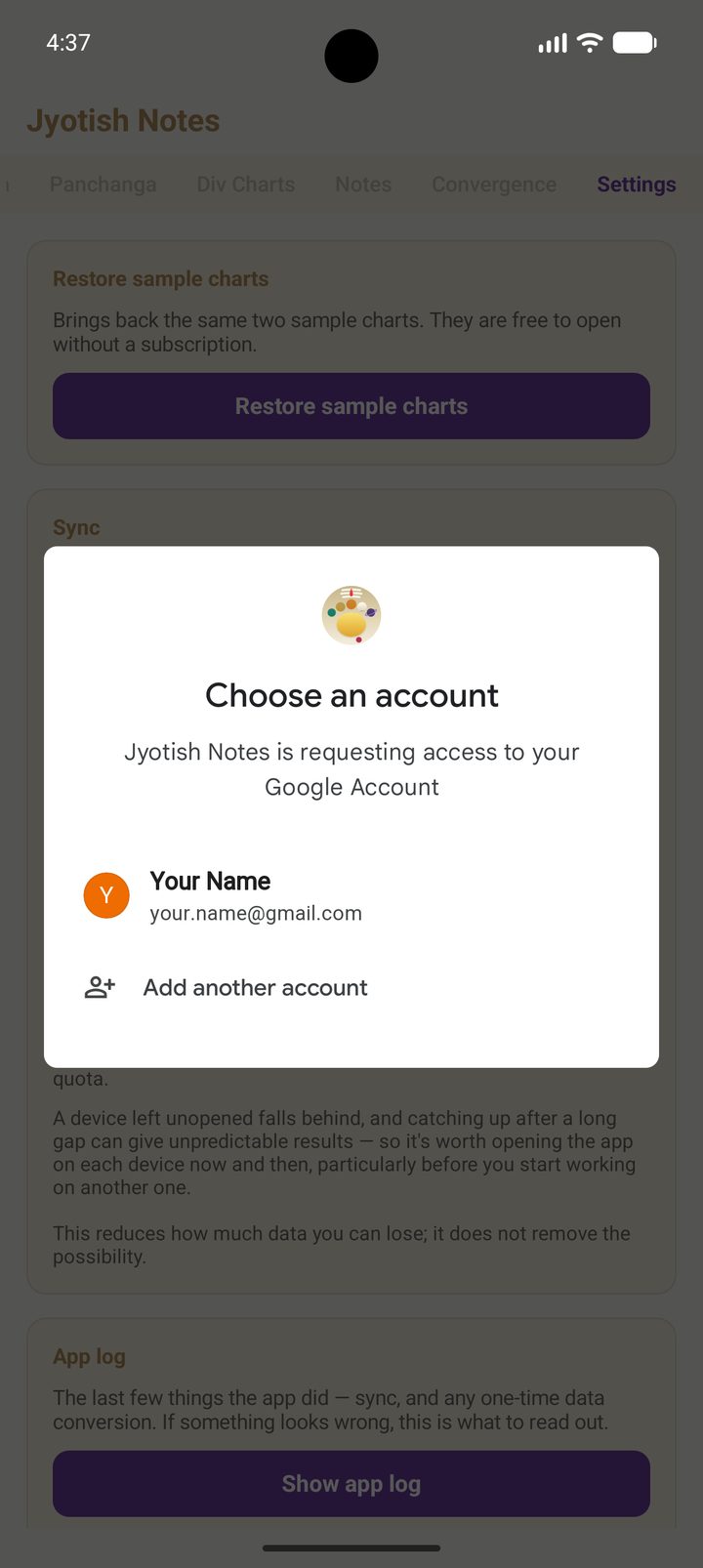 Google's Choose an account screen, listing your.name@gmail.com