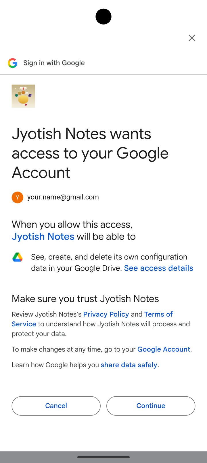 Google's approval screen: Jyotish Notes wants access to your Google Account