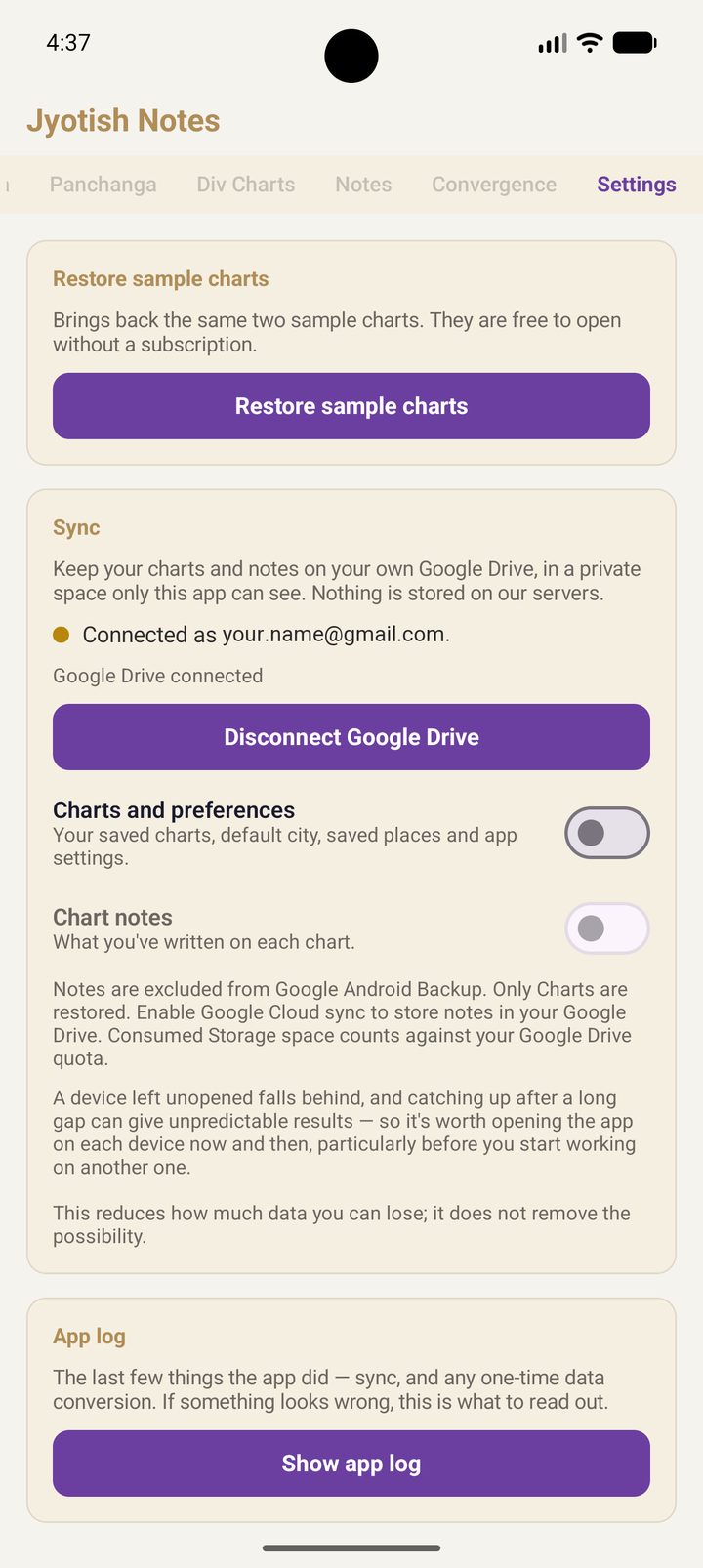 The Sync card after connecting: Connected as your.name@gmail.com, and a Disconnect Google Drive button