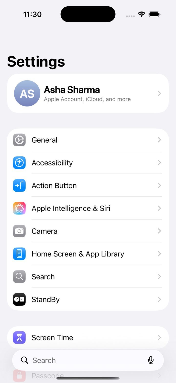 Settings, with the Apple Account at the top