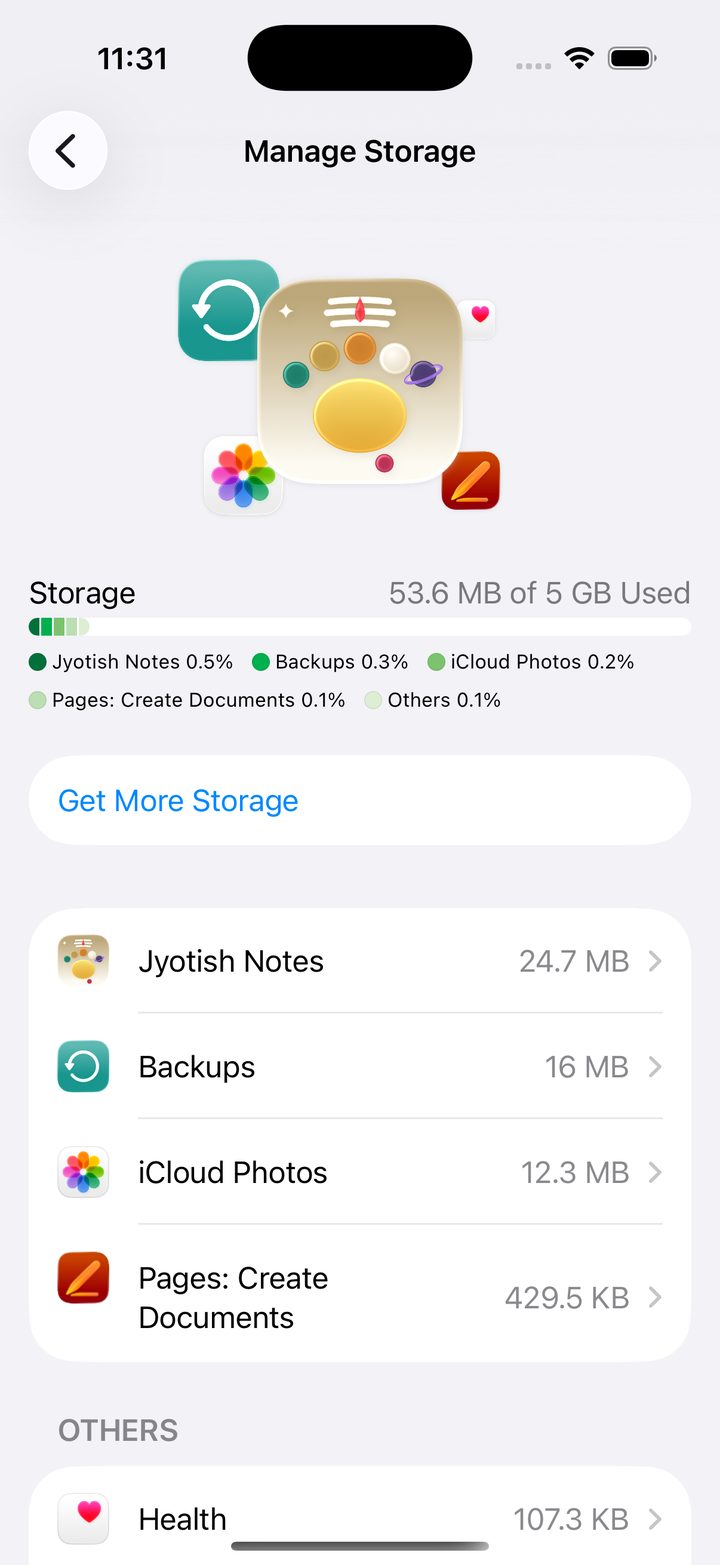 Manage Storage, listing Jyotish Notes among the apps
