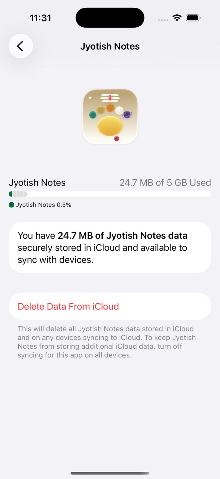 The Jyotish Notes page, with the Delete Data From iCloud button
