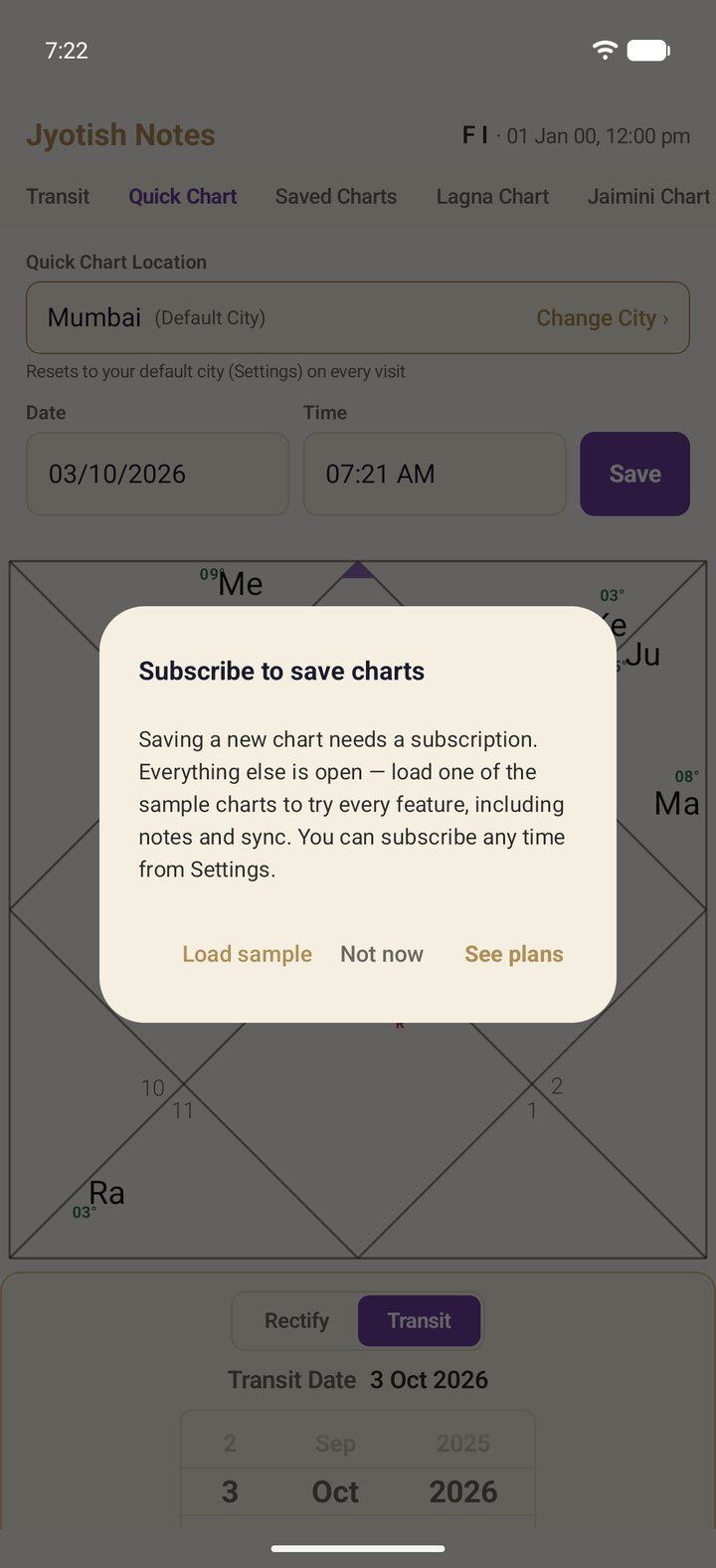 The Subscribe to save charts prompt with Load sample, Not now and See plans
