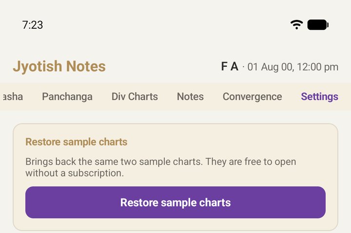 The Restore sample charts card in Settings: the two sample charts are free to open without a subscription