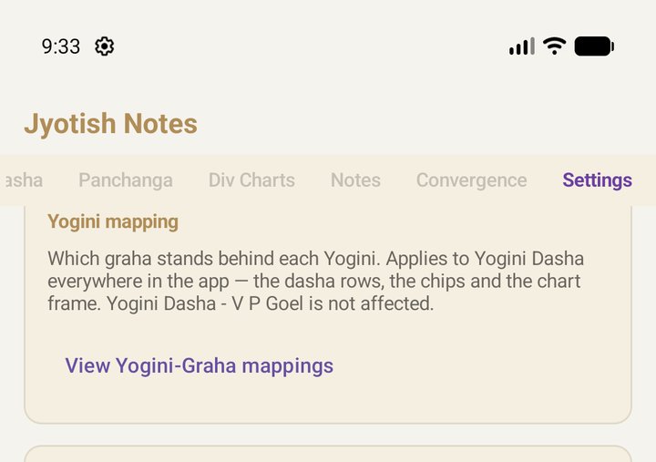 The Yogini mapping card in Settings with View Yogini-Graha mappings